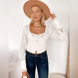 Free People Eyelet Crop Top Long Sleeve White NWT Sz M Boho Western Square Neck